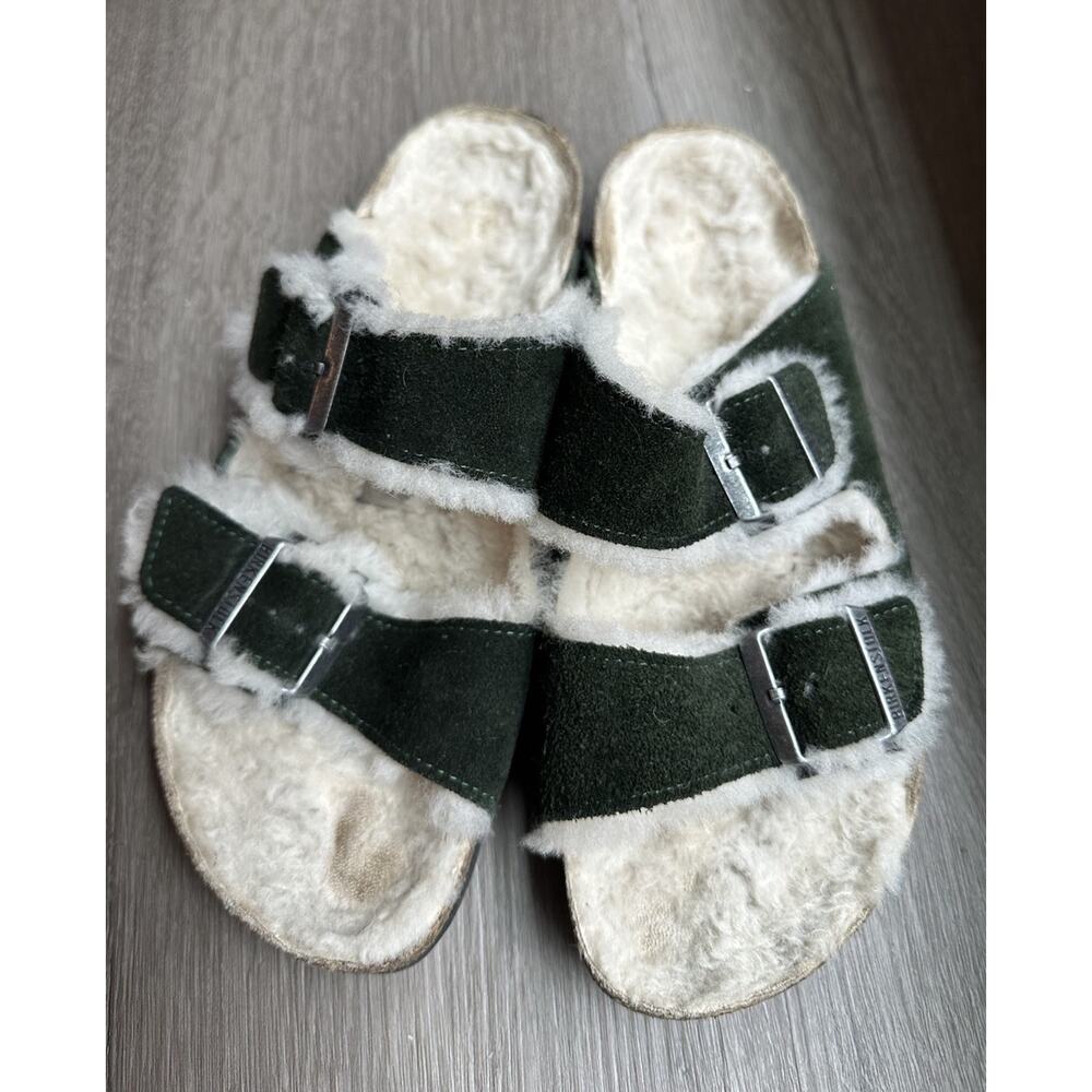 Birkenstock Arizona Shearling Green Suede Double Strap Sandals EU 41 US 10 Cozy